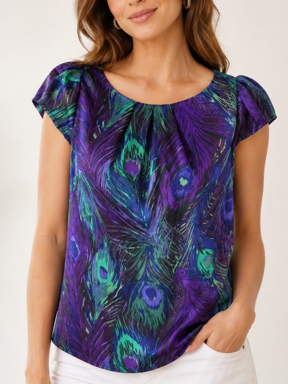 Banana Republic Purple Peacock Cap Sleeve Blue Flowy Green Top Small